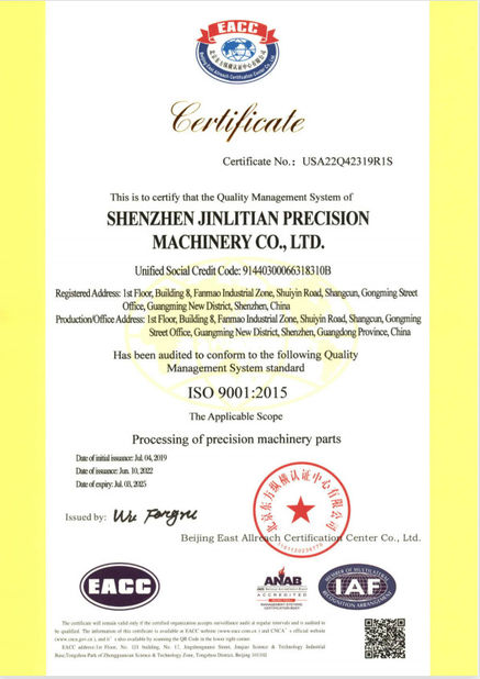 China Shenzhen Jinlitian Precision Machinery Co., Ltd. certificaciones